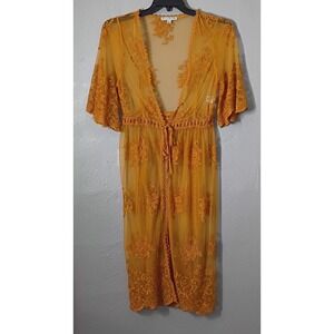 Haute Monde Women's L Sheer Gold Mustard Lace Mesh Duster Robe Kimono Cover Up‎